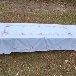 Christmas Hand Stitched Cotton Linen Rectangle Table Cloth Holly Ribbon 66"x174"